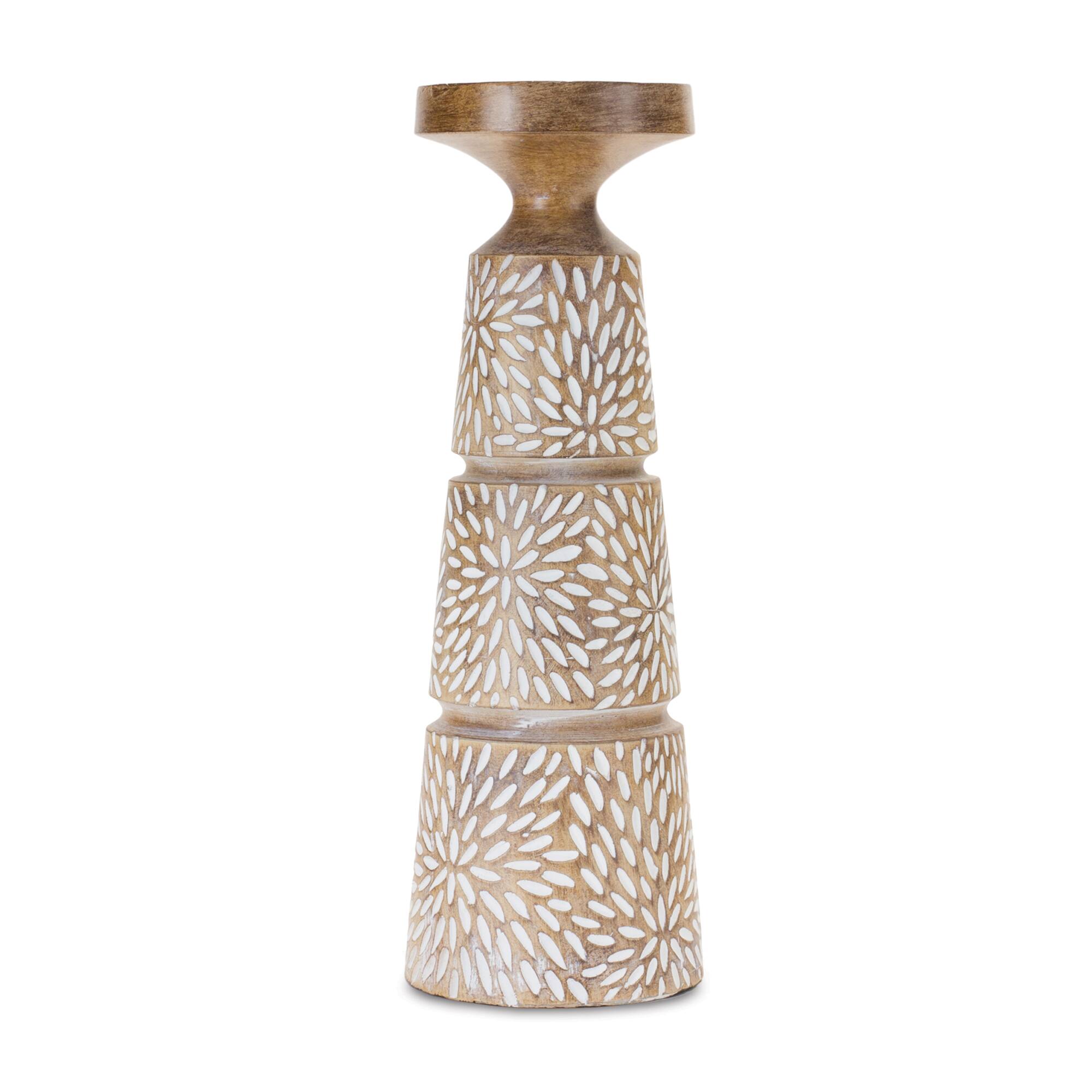 Etched Starburst Woodgrain Candle Holder Set